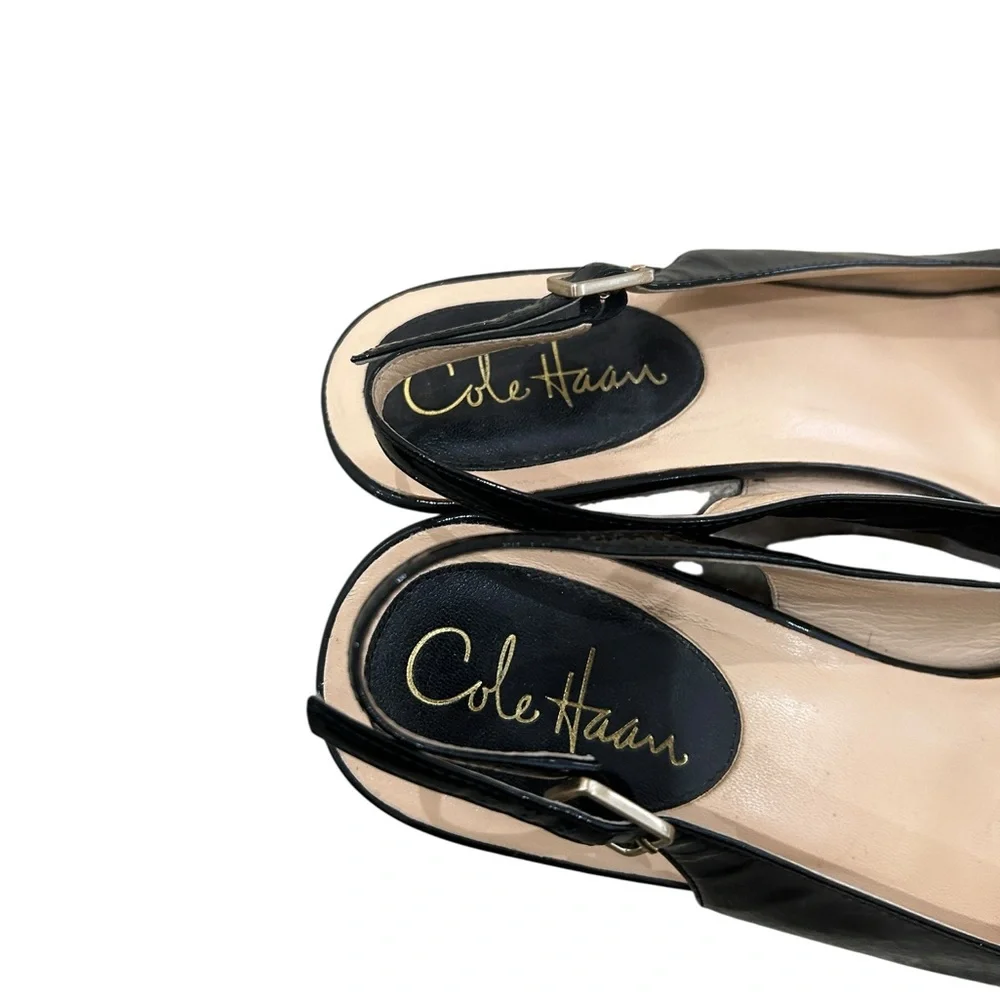 Cole Haan Black Patent Leather Wedge Slingbacks with Natural Woven Heel size 9